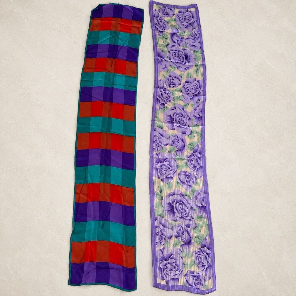Elaine Gold Vintage Scarf Lot 2 Long Floral Colorblock Sheer Rectangular